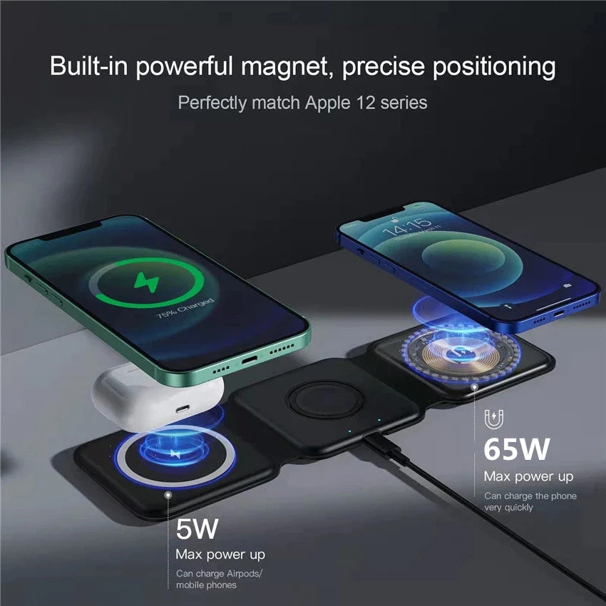 65W 3 in 1 Magnetic Wireless Charger Pad Foldable for Iphone 14 13 12 11 XS X Apple Watch Airpods Fast Charging Dock Station