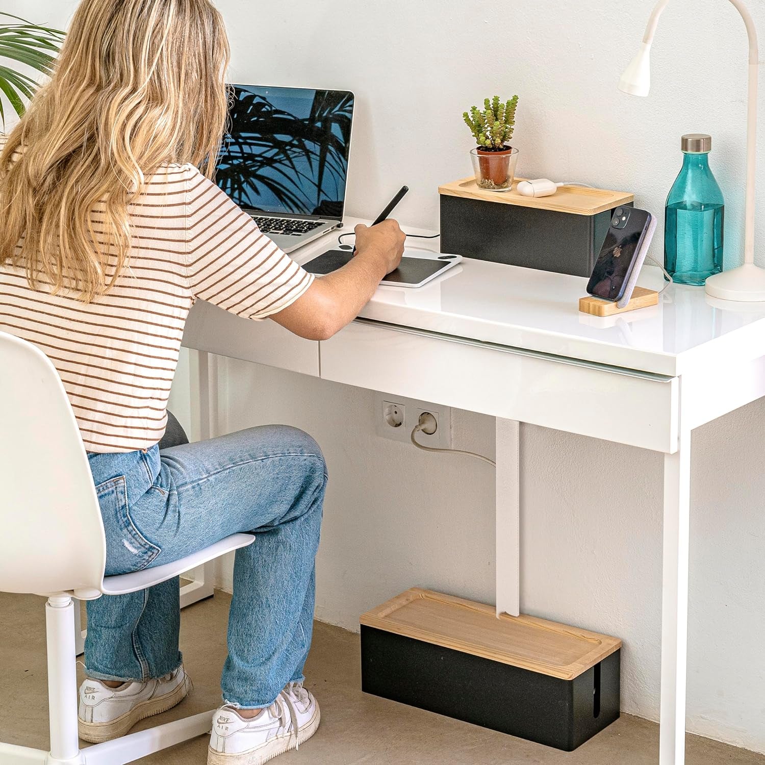 Set of 2, Wood Cable Management Boxes, Large and Medium Cord Organizer to Hide Wires and Power Strips for TV, Desk, Computer, Router, Cable Storage and Organization, Black