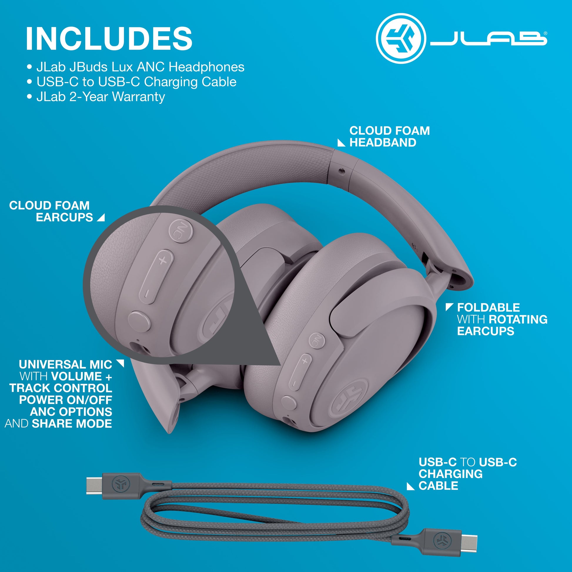 Jbuds Lux Bluetooth Over-Ear Headphones W/ Active Noise Cancellation, Mauve