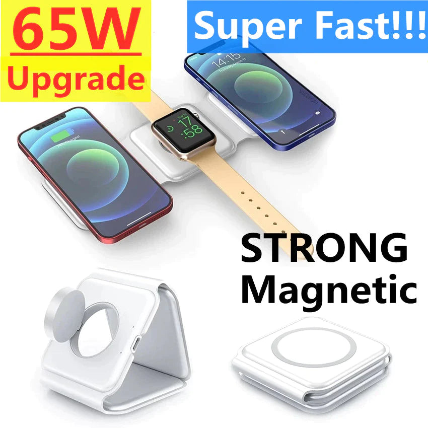 65W 3 in 1 Magnetic Wireless Charger Pad Foldable for Iphone 14 13 12 11 XS X Apple Watch Airpods Fast Charging Dock Station